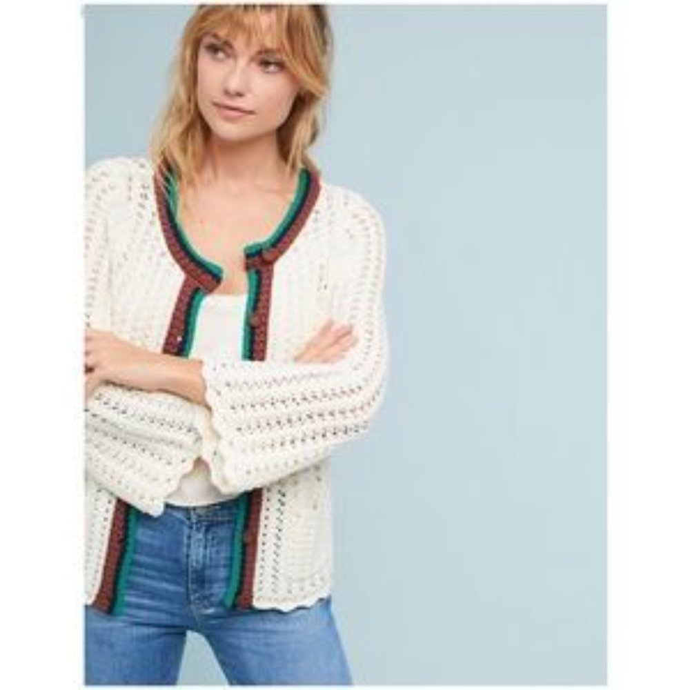 Anthropologie Postmark Elsie Grandma Core Crochet Bell Sleeve Ivory Sweater